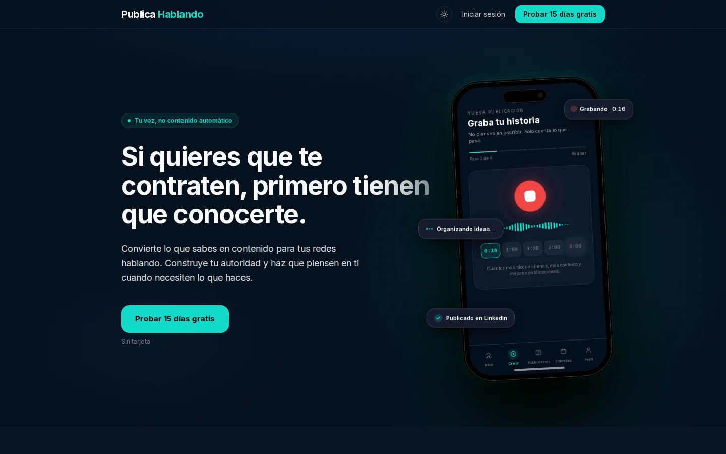 Portada de publicahablando.com con la aplicación en un móvil grabando una nota de voz